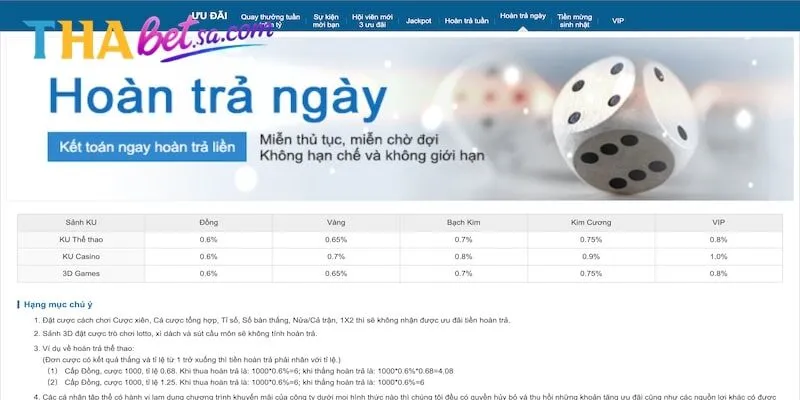 Nhận hoàn trả theo ngày khi tham gia khuyến mãi cược thể thao Thabet